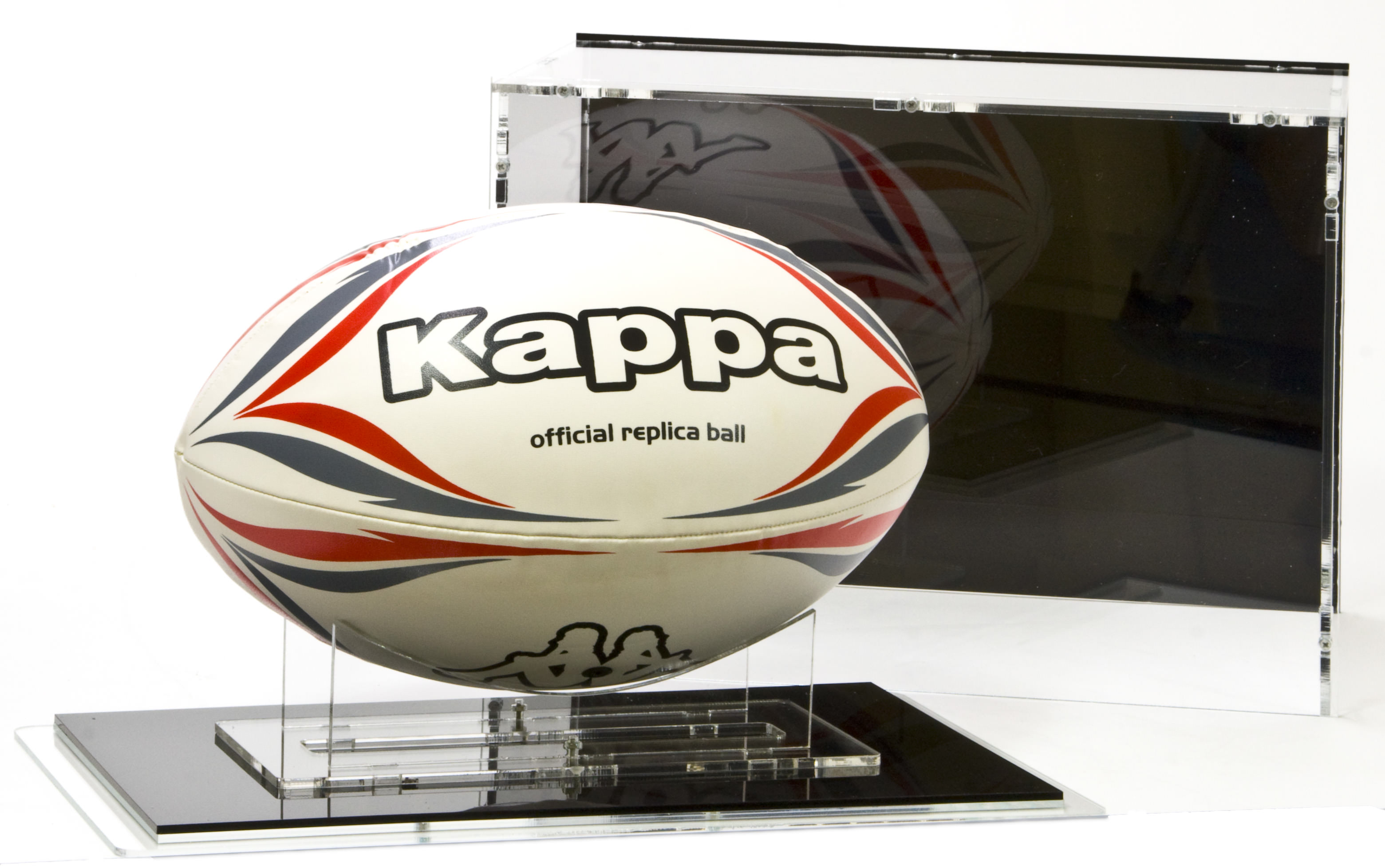 Rugby ball acrylic display case 85% UV filter full size memorabilia black back 
