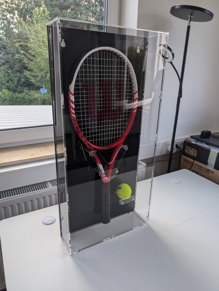 Tennis Racket Display Case with black back-panel, extra tennis ball holder